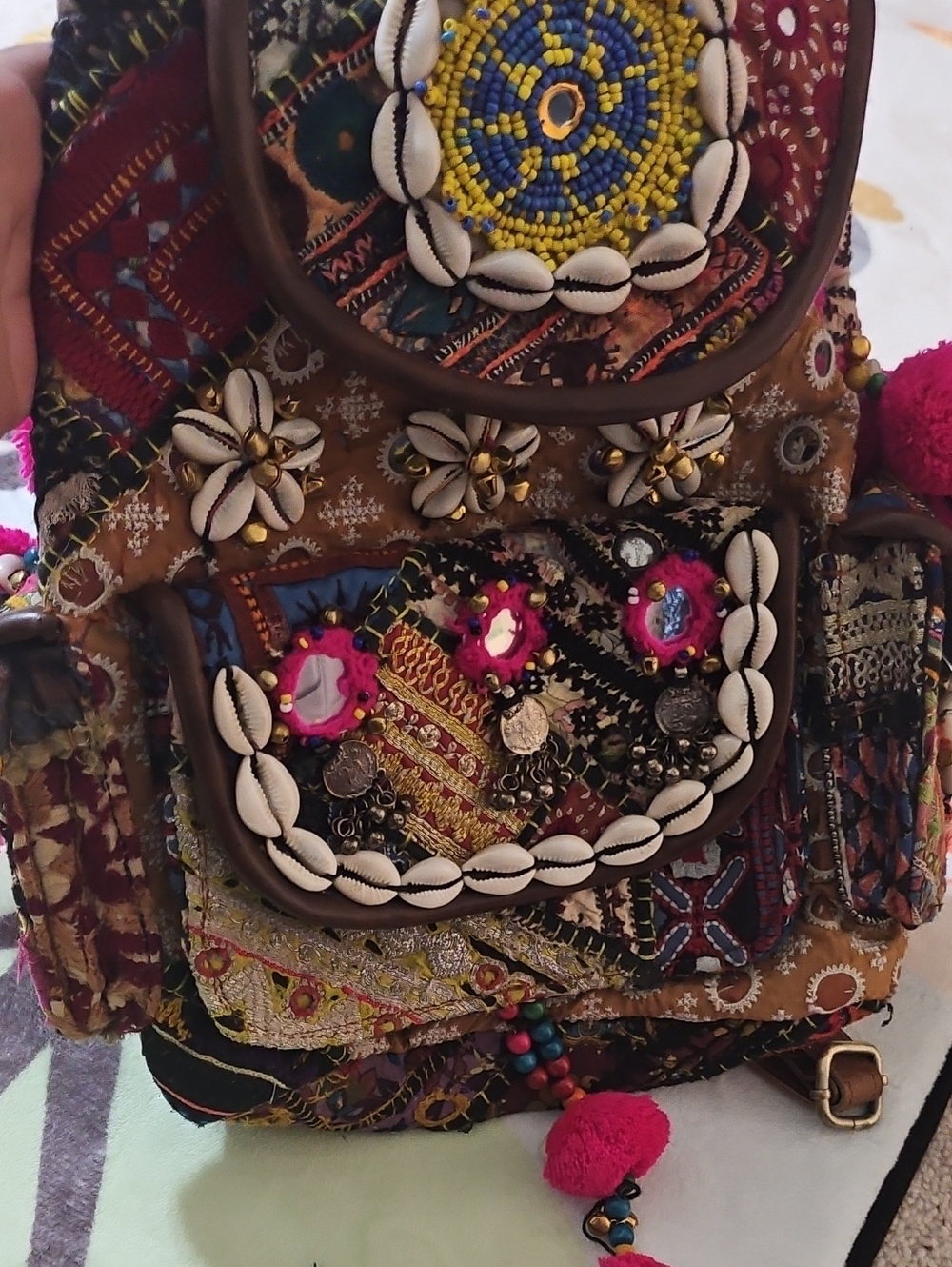 Bohemian Embellished Patchwork Women’s Backpack - Brown Multicolor